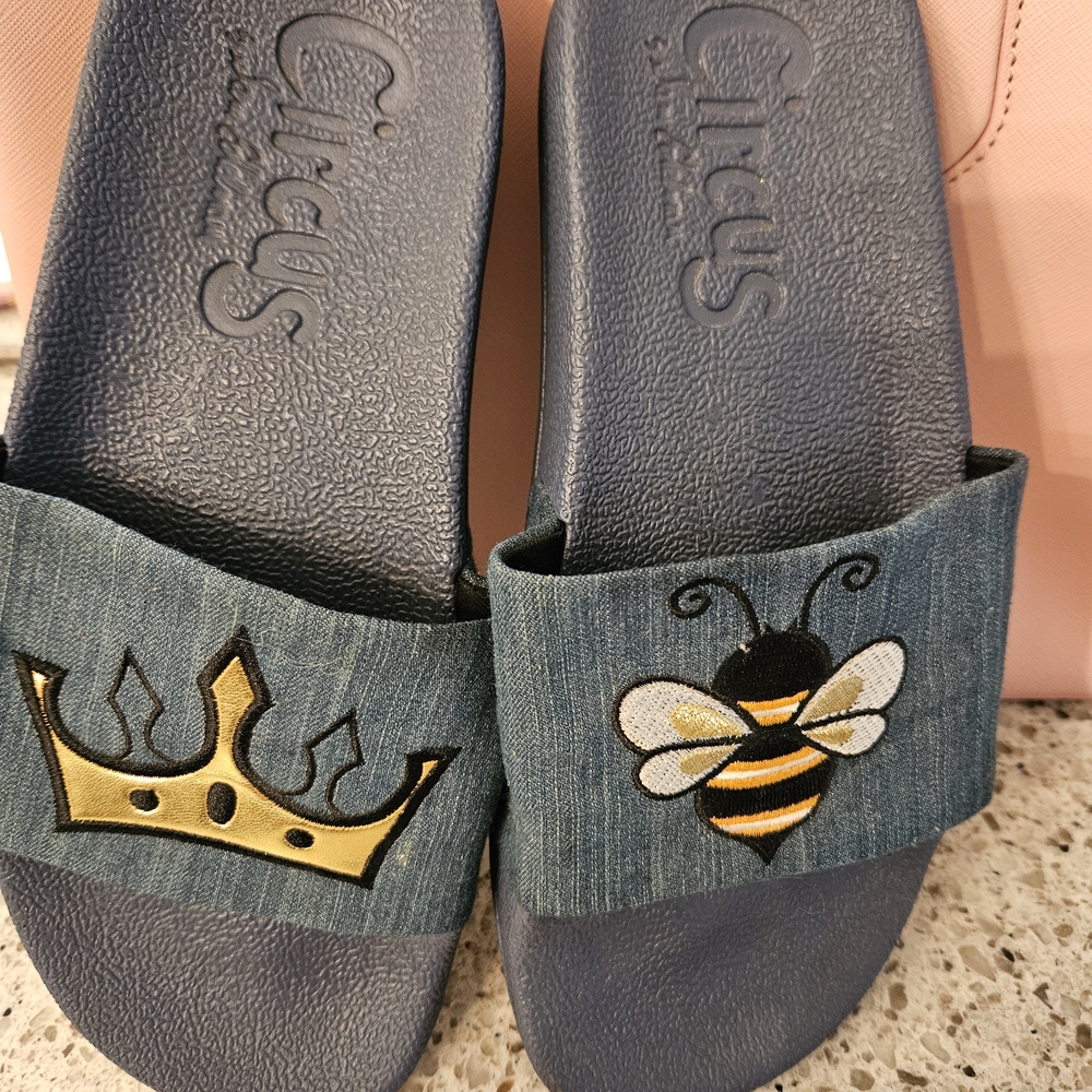 Circus by Sam Edelman Blue Slides with Embroidered Crown and Bee